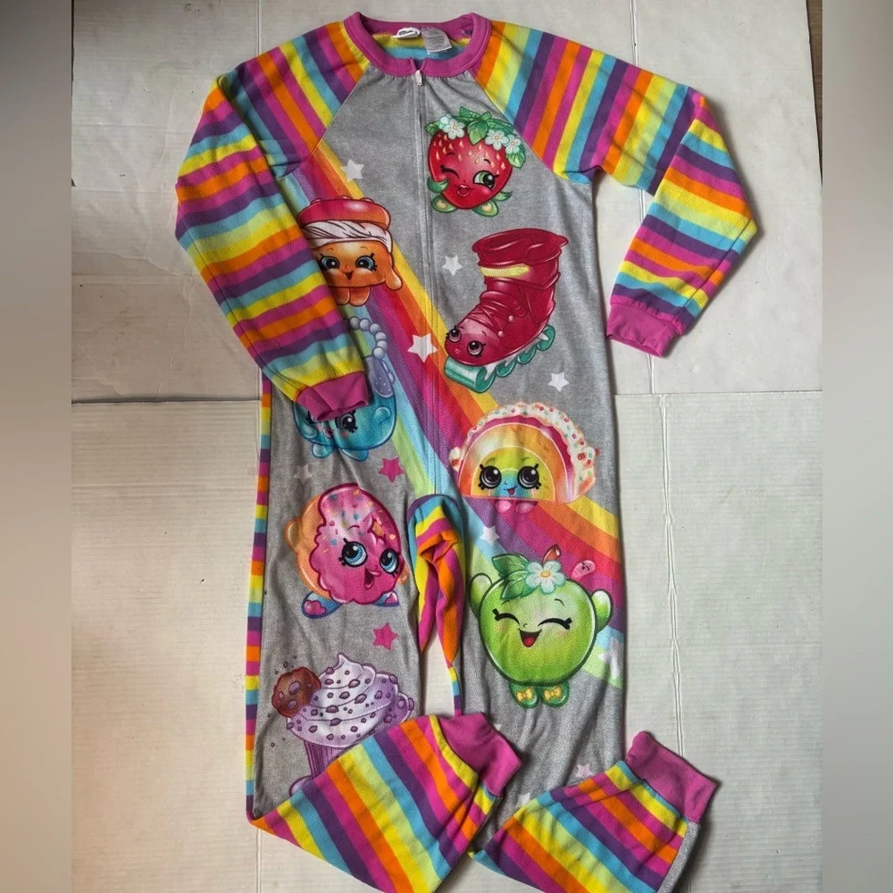 Shopkins Girls 14/16 Fleece Rainbow Footless Pajama Onesie Sleeper Colorful 2017 - Picture 2 of 10